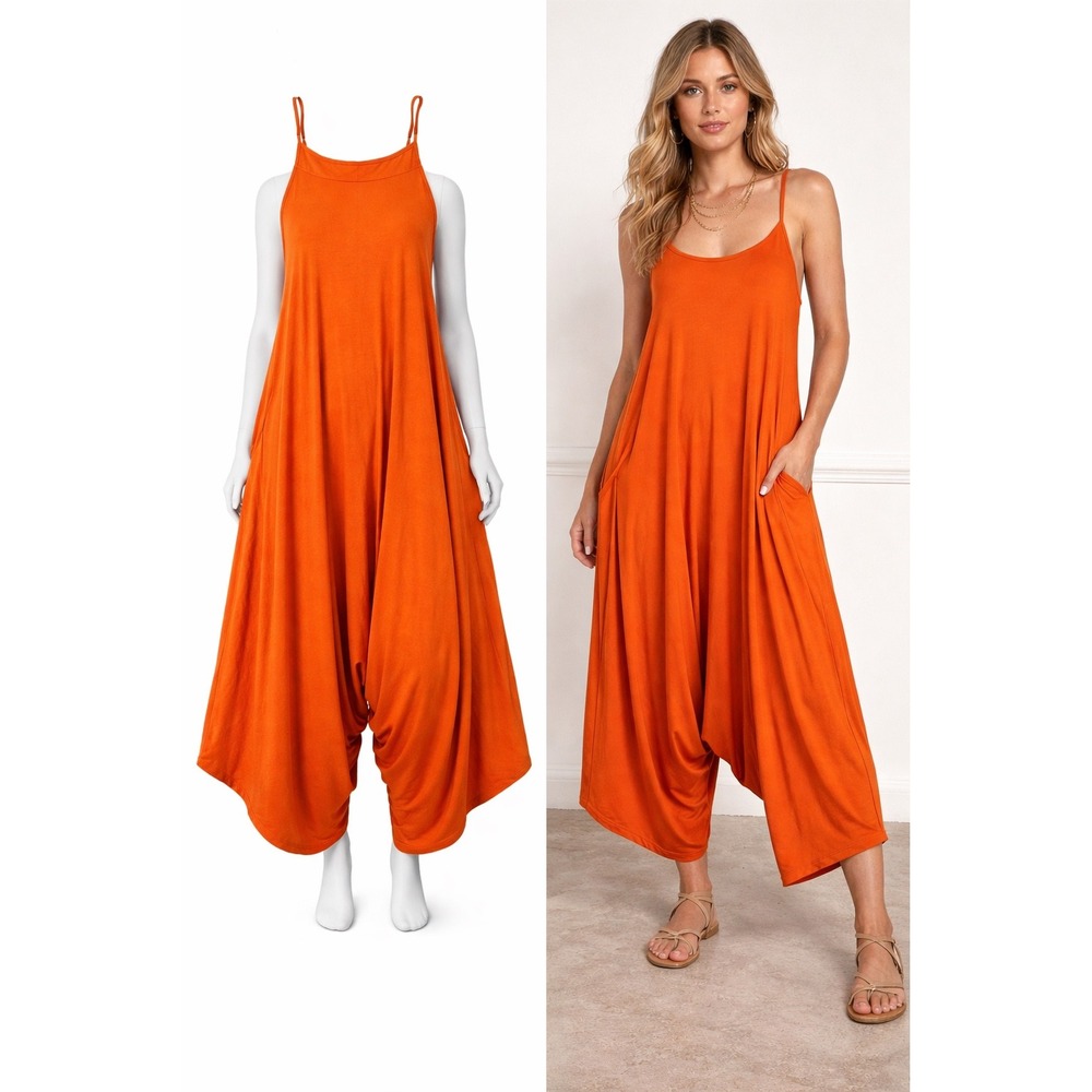 Burnt Orange Wide Leg Jumpsuit Boho Festival Resort Flowy Romper
